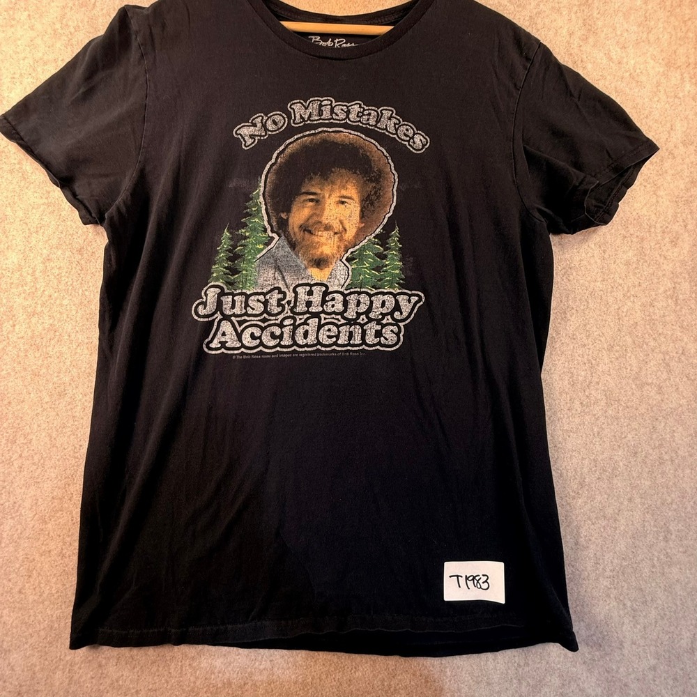 Bob Ross No Mistakes Just Happy Accidents Black Graphic‎ T-Shirt Mens Large L